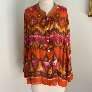 Laura Ashley Woman Mandarin Collar silk long  Sleeve Top Size 3X